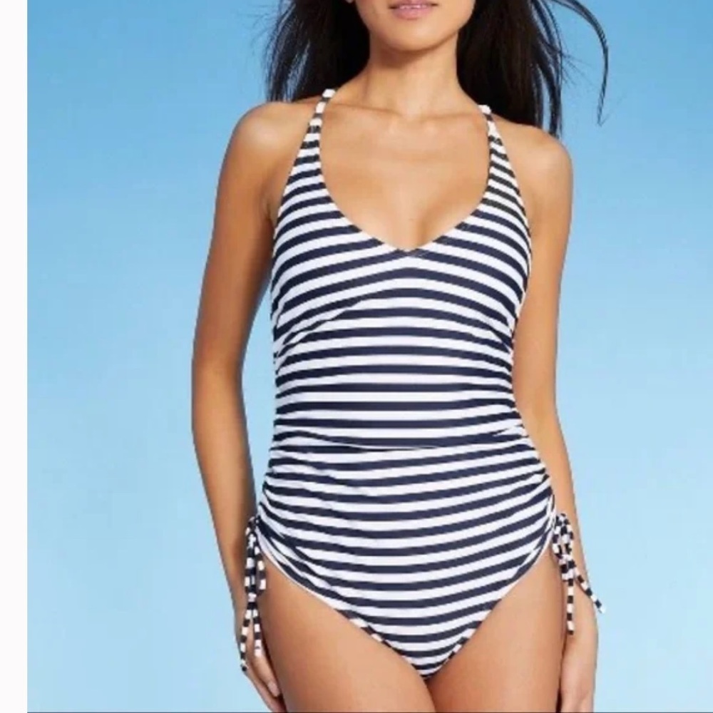 NWT Women's Side-Cinch High Coverage One Piece Swimsuit - Kona Sol blue white